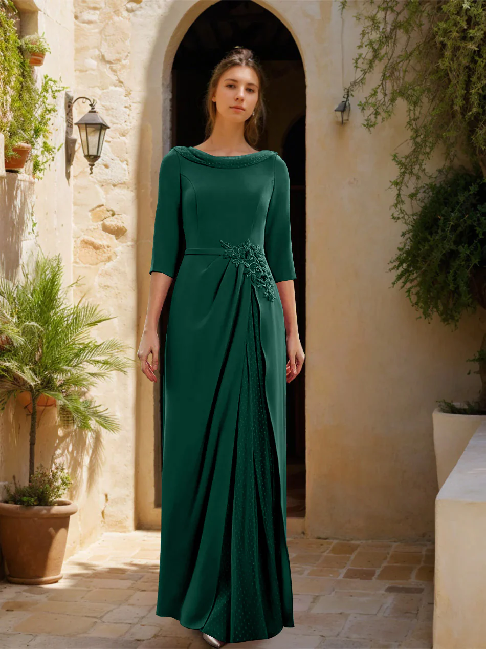 Sheath/Column Cowl Neck 3/4 Sleeves Floor-Length Mother of the Bride Dresses with Tulle & Sash & Slit & Jewel Appliques - Image 39