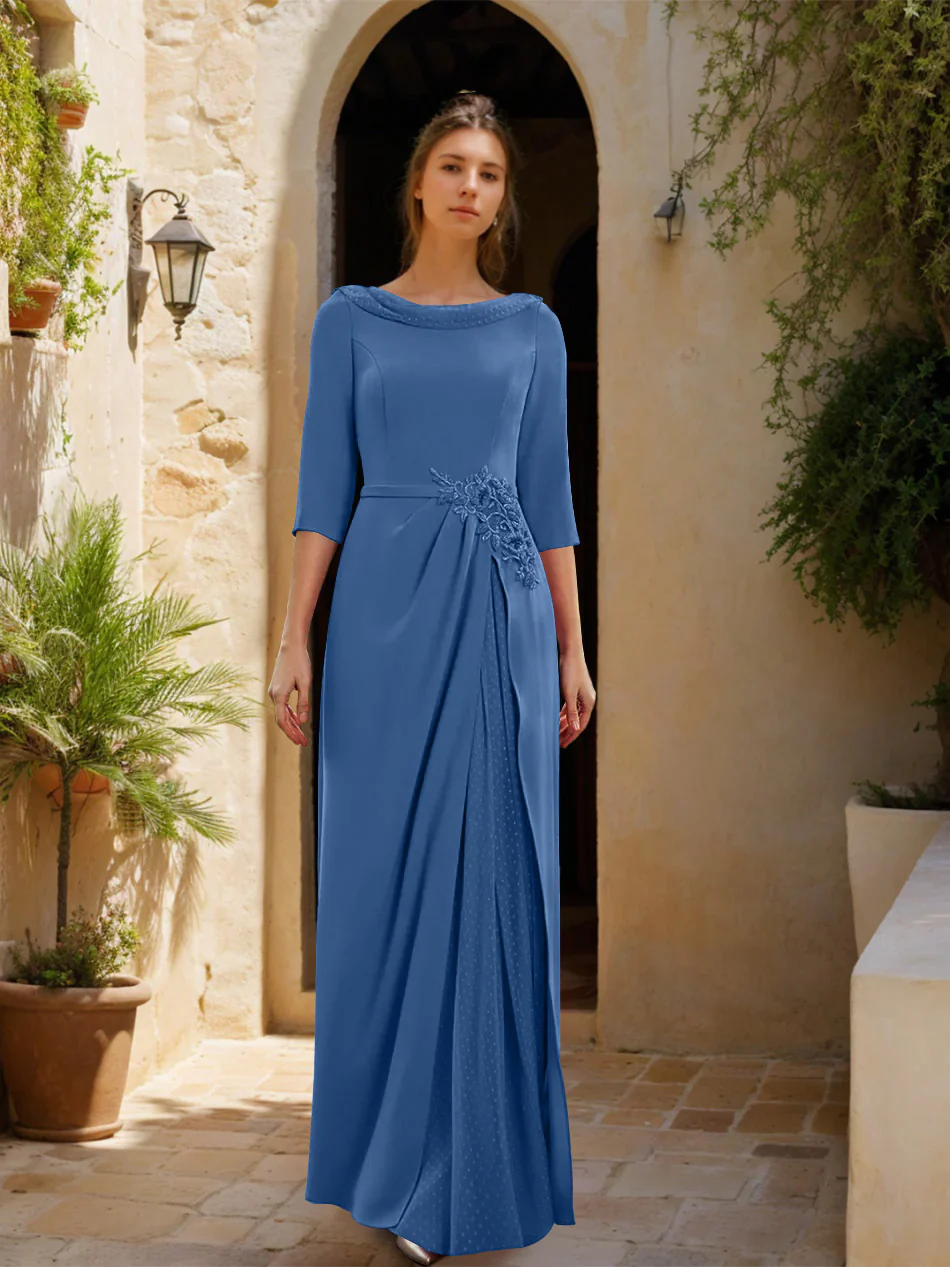 Sheath/Column Cowl Neck 3/4 Sleeves Floor-Length Mother of the Bride Dresses with Tulle & Sash & Slit & Jewel Appliques - Image 50