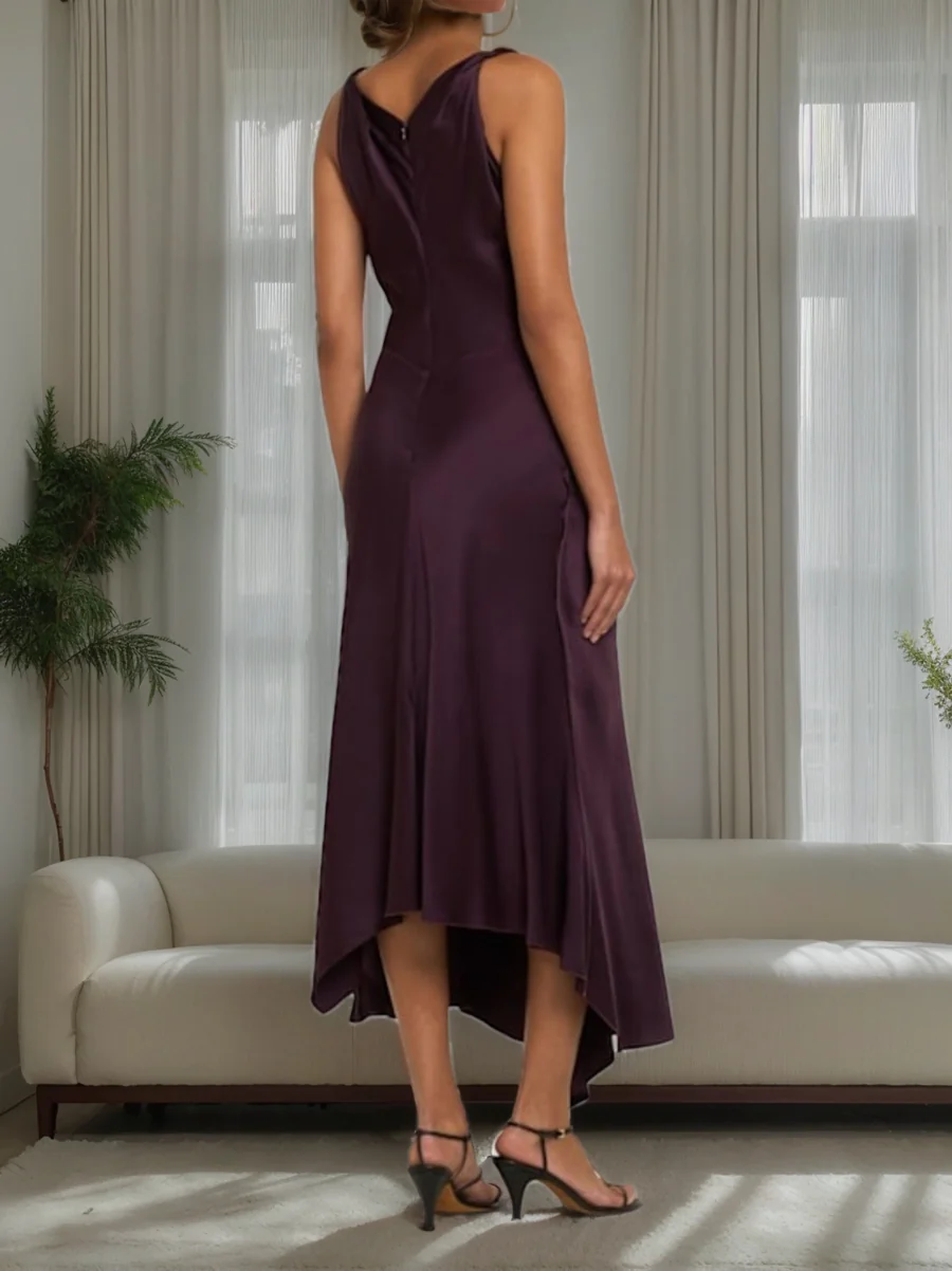 Sheath/Column Cowl Neck Ruched Sleeveless Asymmetrical Elegant Wedding Guest Dress - Image 2