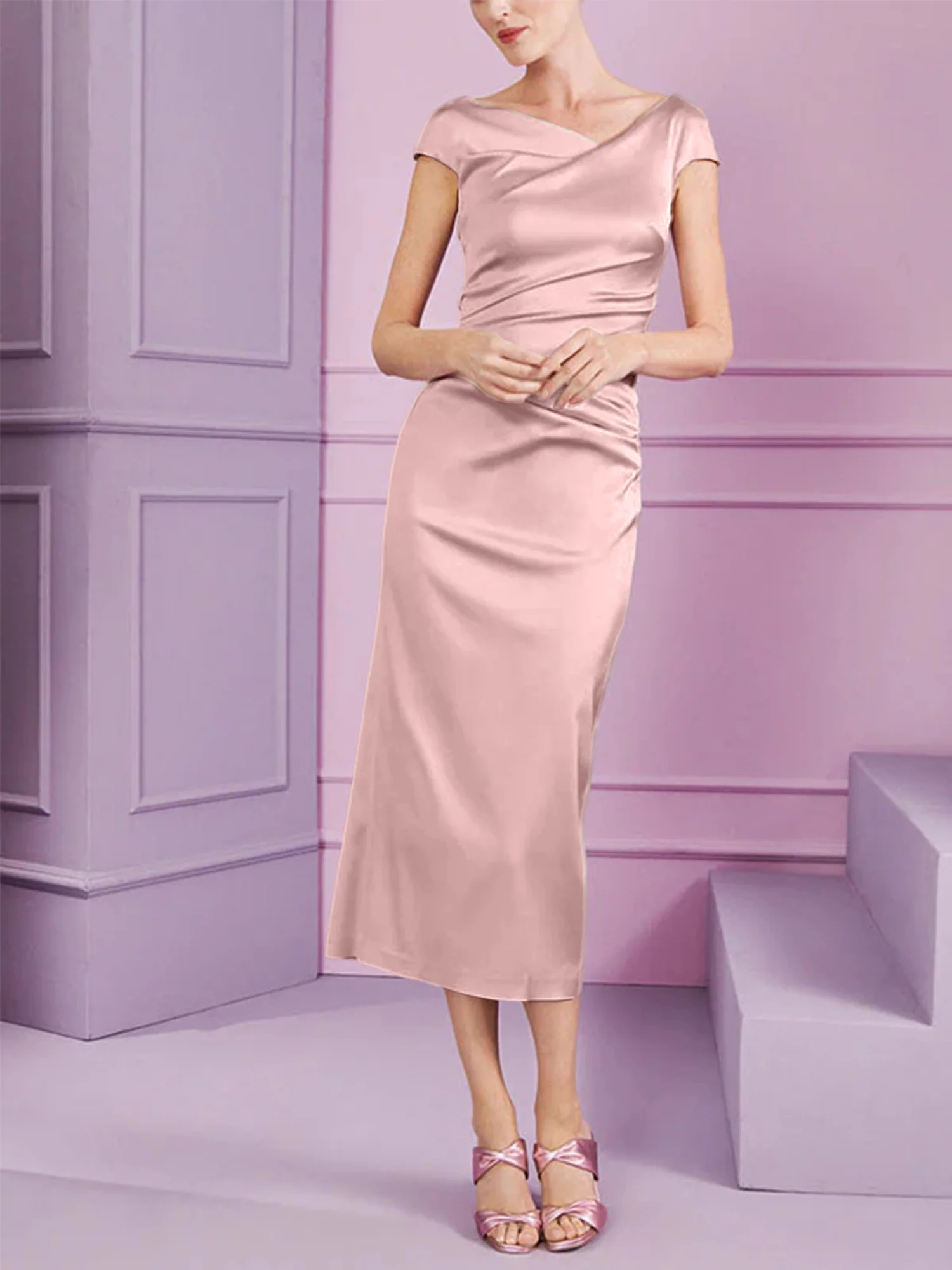 Sheath/Column Cowl Neck Short Sleeves Tea-Length Mother of the Bride Dresses with Ruffles - Image 19
