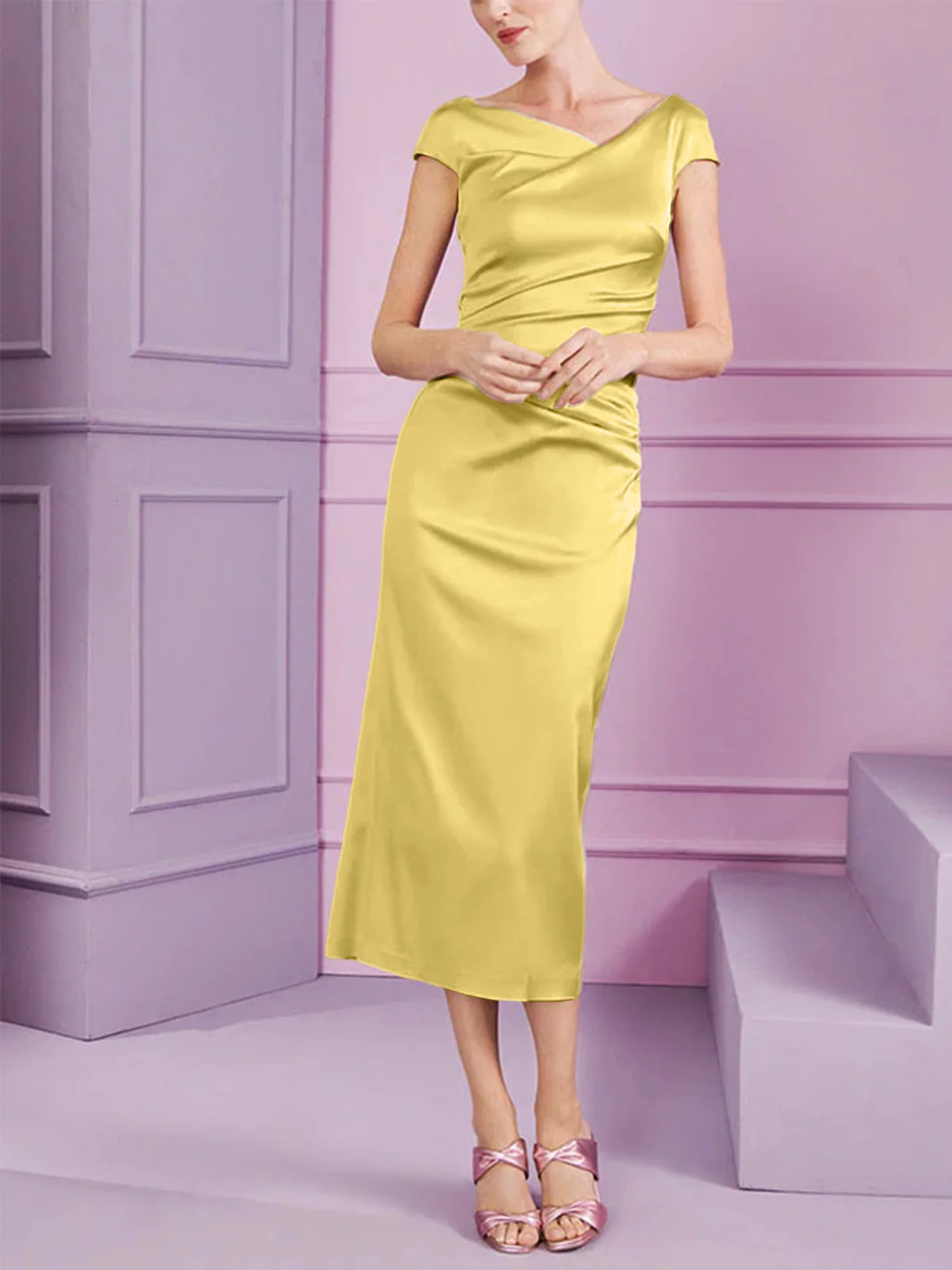 Sheath/Column Cowl Neck Short Sleeves Tea-Length Mother of the Bride Dresses with Ruffles - Image 24