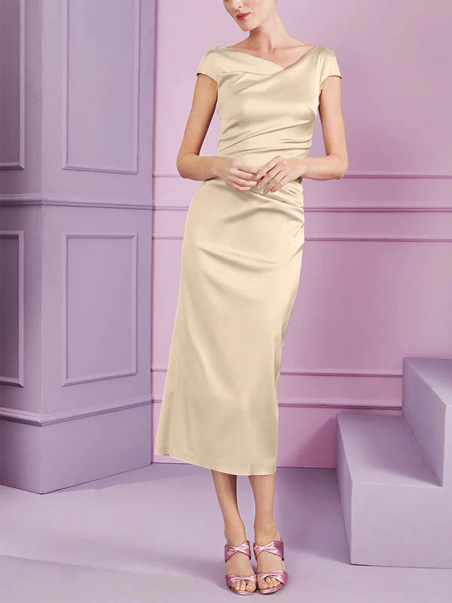 Sheath/Column Cowl Neck Short Sleeves Tea-Length Mother of the Bride Dresses with Ruffles - Image 29