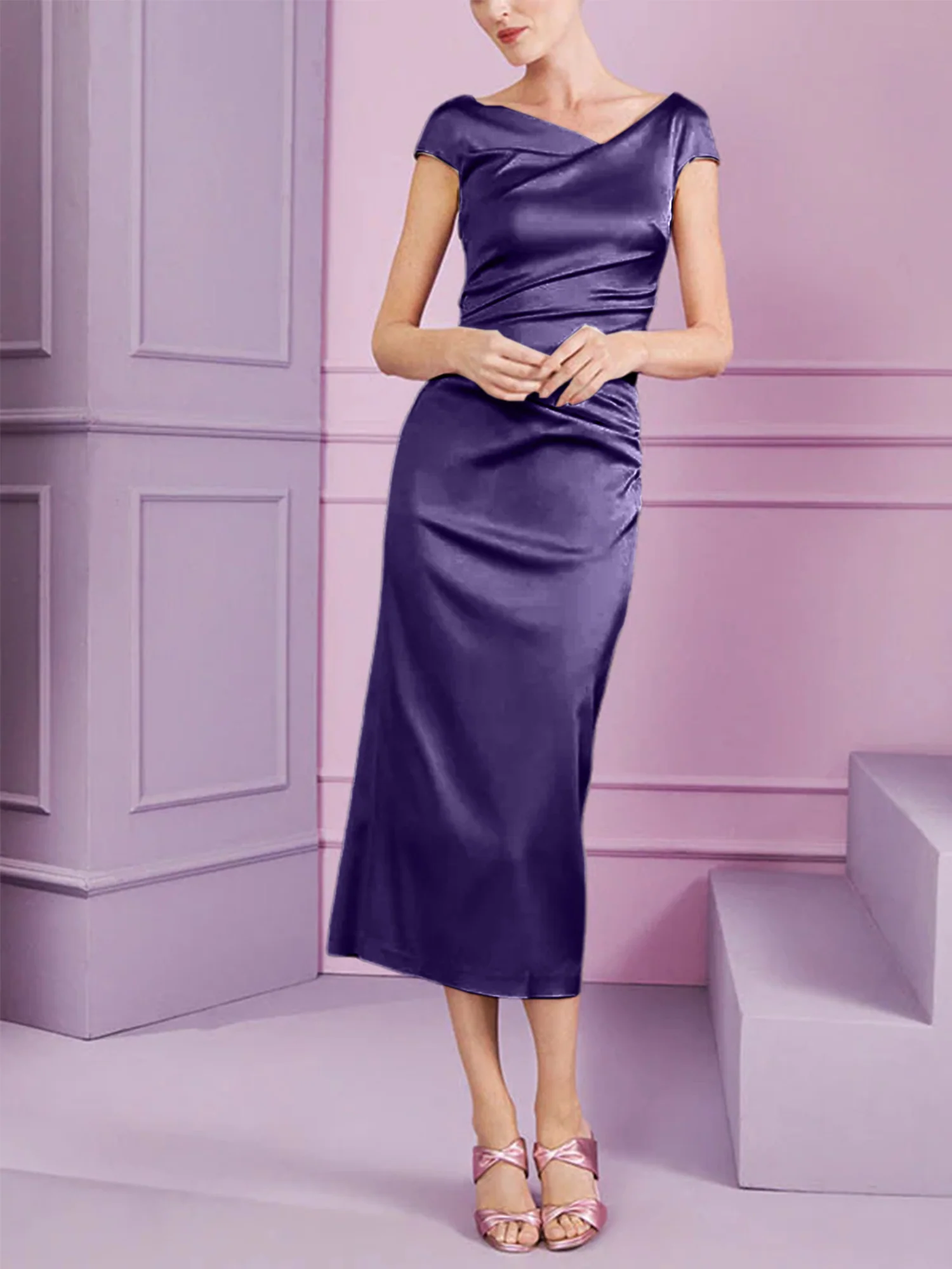 Sheath/Column Cowl Neck Short Sleeves Tea-Length Mother of the Bride Dresses with Ruffles - Image 47