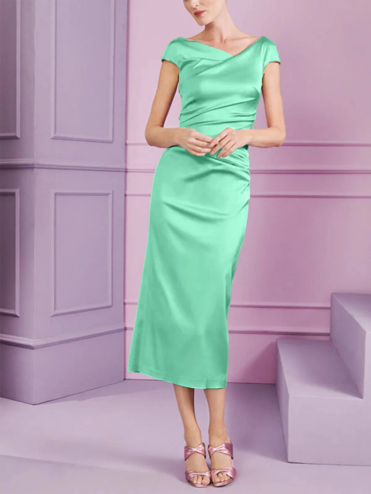 Sheath/Column Cowl Neck Short Sleeves Tea-Length Mother of the Bride Dresses with Ruffles - Image 54