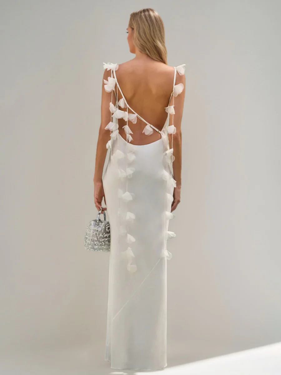 Sheath/Column Cowl Neck Spaghetti Straps Backless Floor-Length Bridesmaid Dresses with Appliques