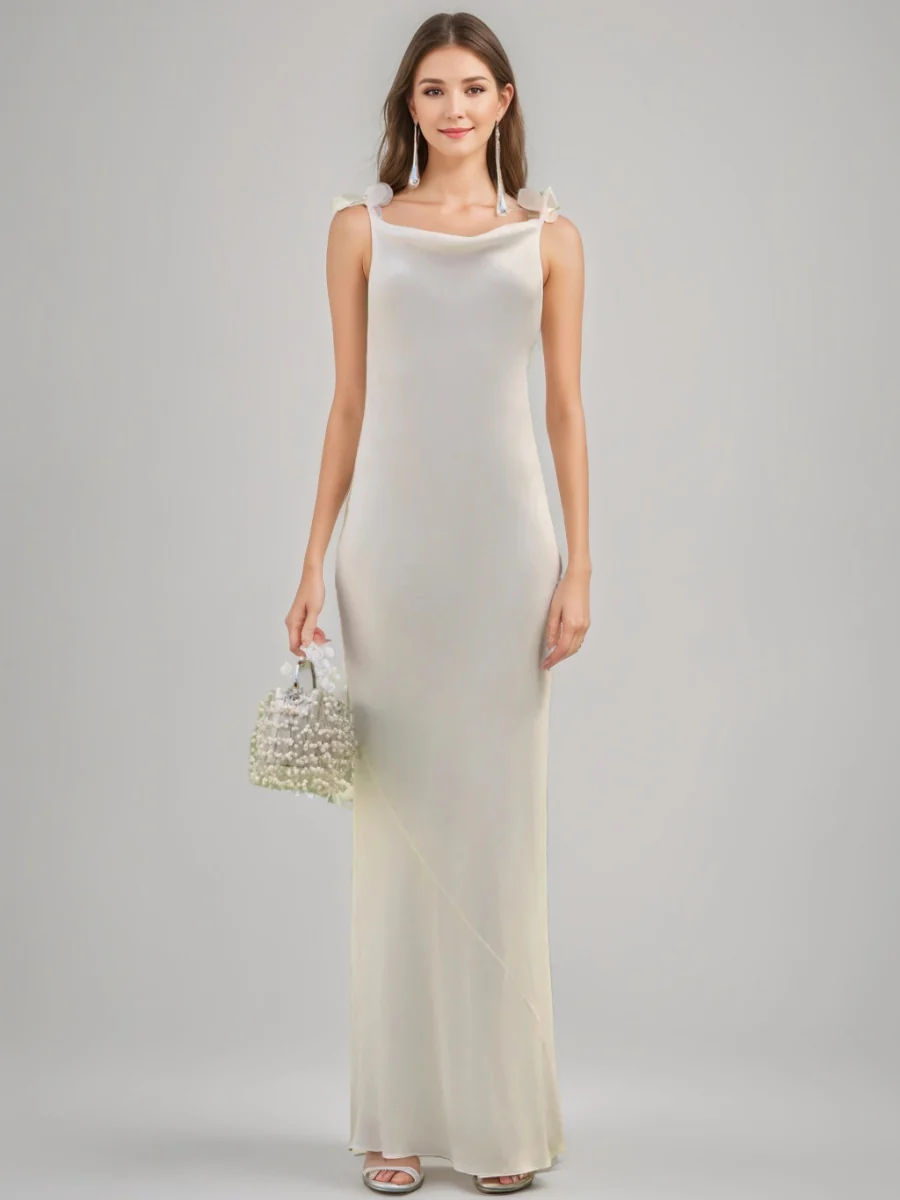 Sheath/Column Cowl Neck Spaghetti Straps Backless Floor-Length Bridesmaid Dresses with Appliques - Image 3