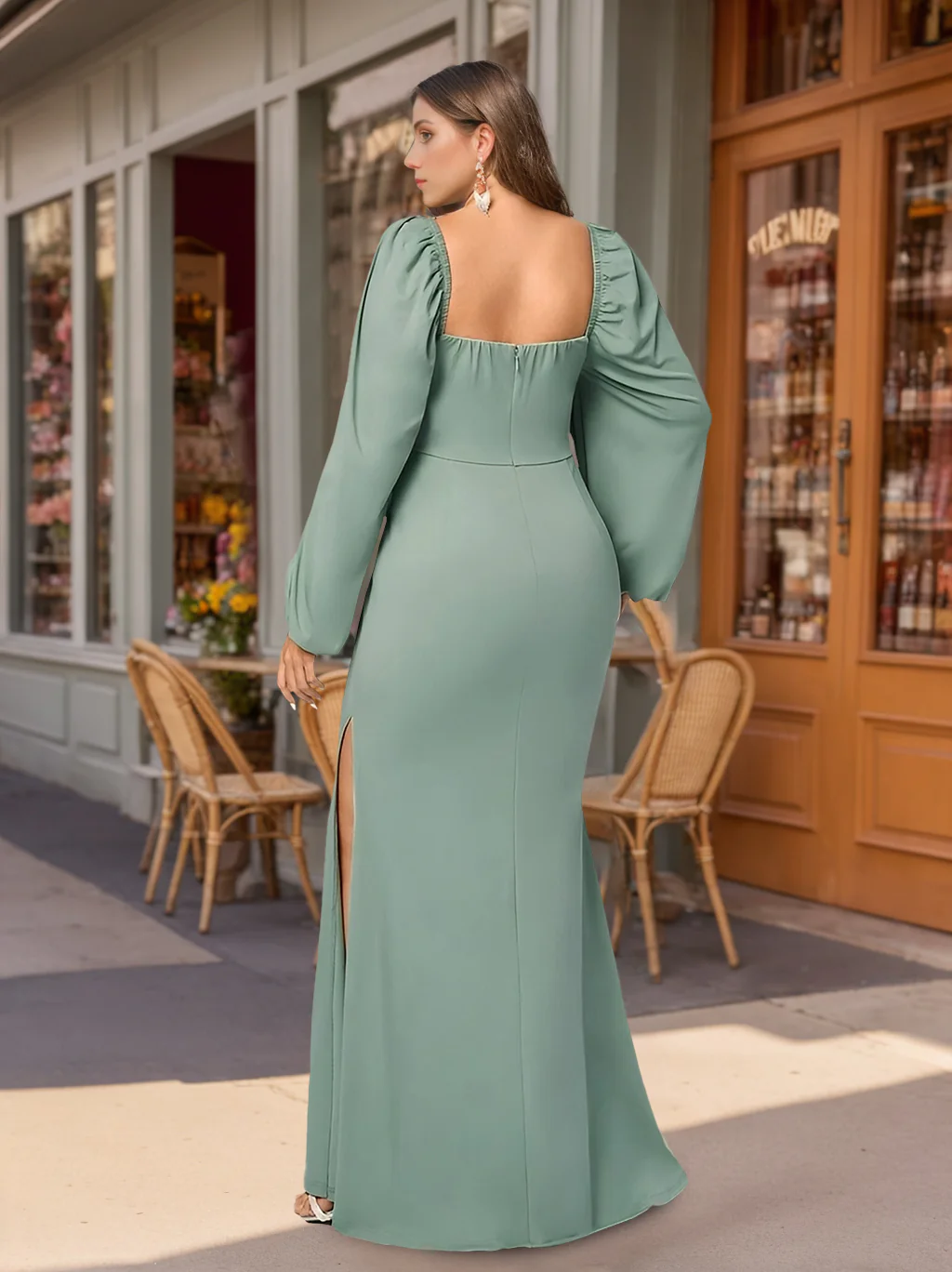 Sheath/Column Deep V-Neck Long Sleeves Floor-Length Unique Plus Size Bridesmaid Dresses with Ruffles - Image 2