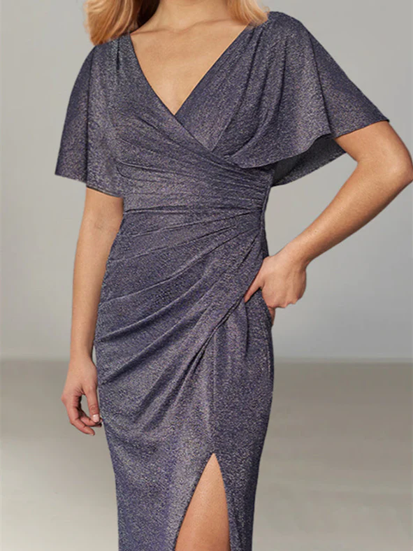 Sheath/Column Draped Sleeve Plunging Neck Floor-Length Mother of the Bride Dresses with Split - Image 2