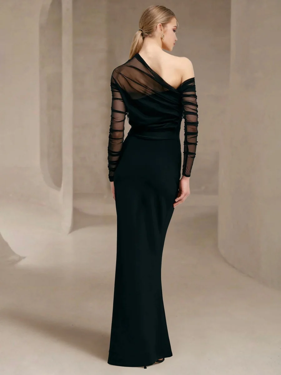 Sheath/Column Evening Dress One-Shoulder Floor-length Tulle Long Sleeves Party Dresses - Image 2