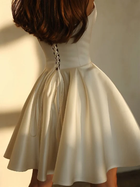 A-Line/Princess Strapless Short Satin Wedding Dress With Pockets - Image 2