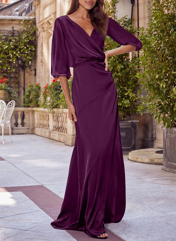 Column Floral Print V-neck Half Sleeves Red Mother of the Bride & Groom Dresses - Image 23