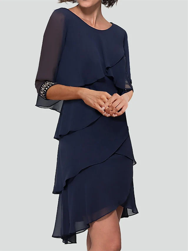 Sheath/Column Half Sleeves Cocktail Dresses with with Rhinestone Ruffles - Image 2