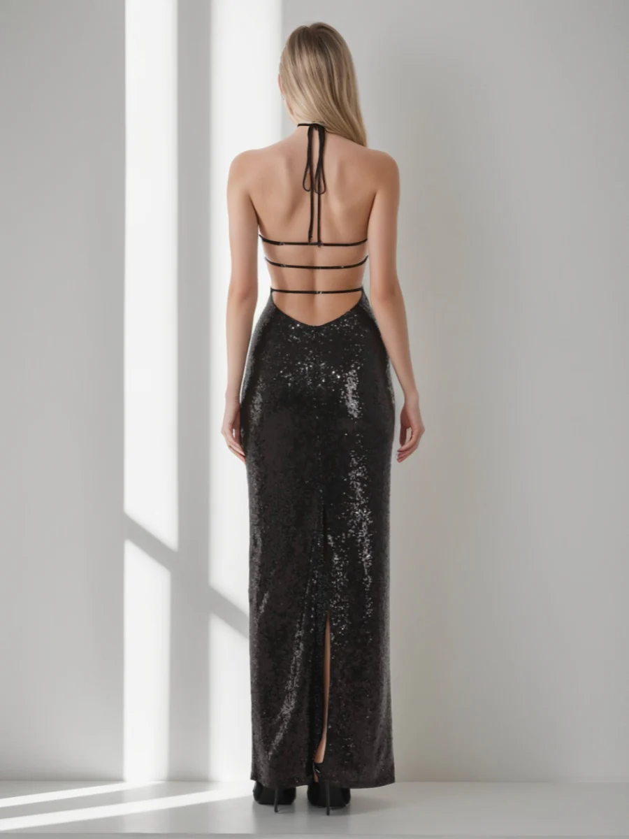 Sheath/Column Halter Backless Sequined Prom Dresses with Self-tie & Slit - Image 2