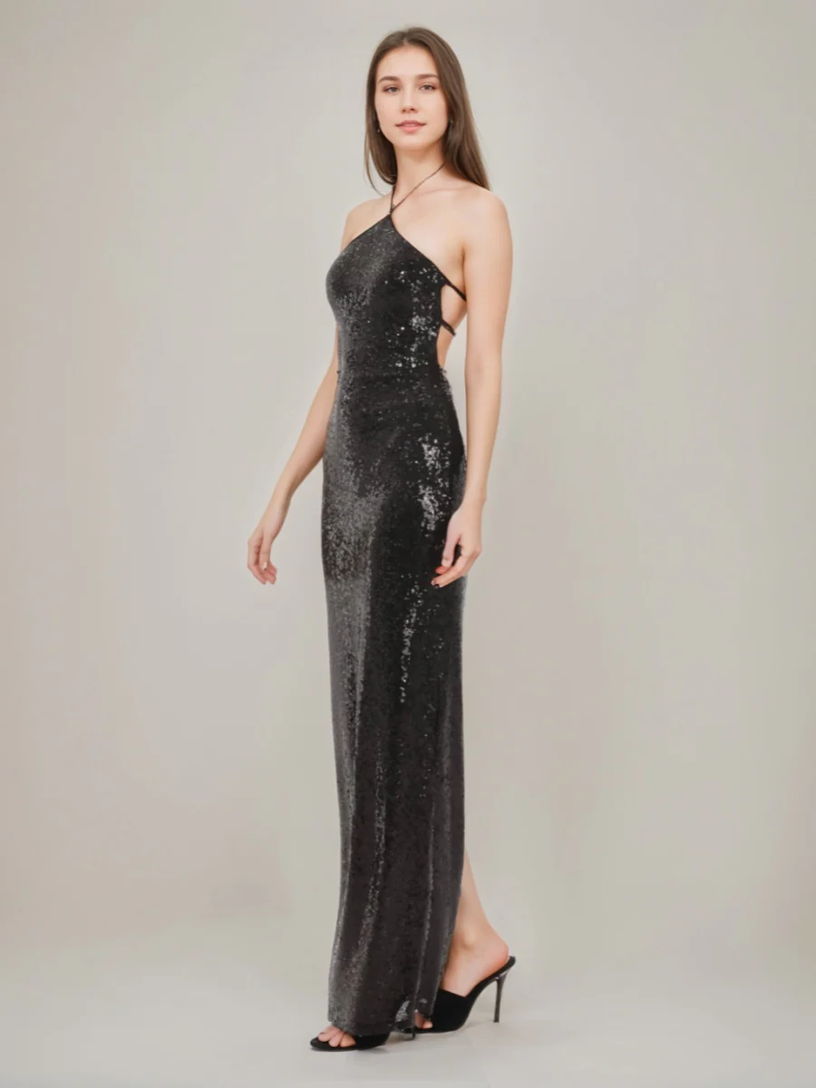Sheath/Column Halter Backless Sequined Prom Dresses with Self-tie & Slit - Image 3