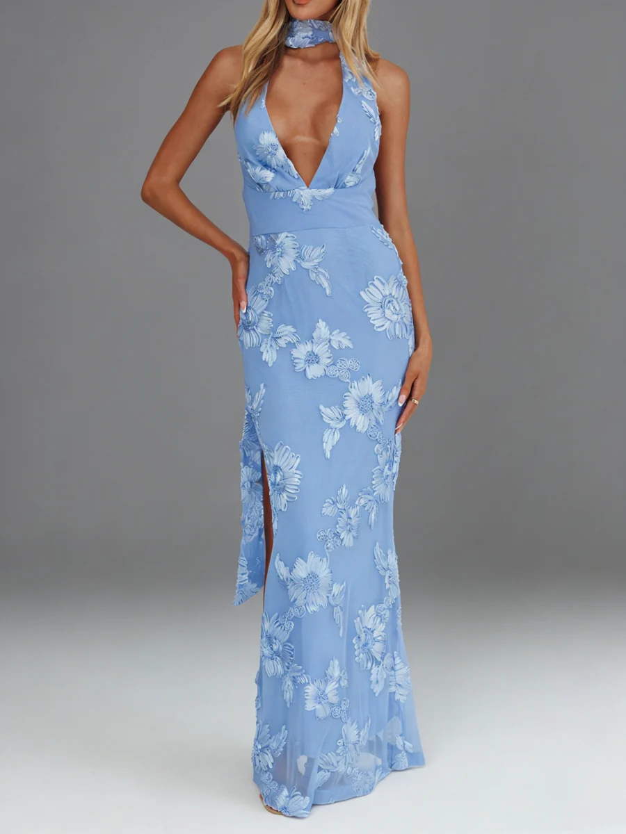 Sheath/Column Halter Deep V-Neck Lace Prom Dresses Floor-Length Sleeveless Backless Floral Formal Dress