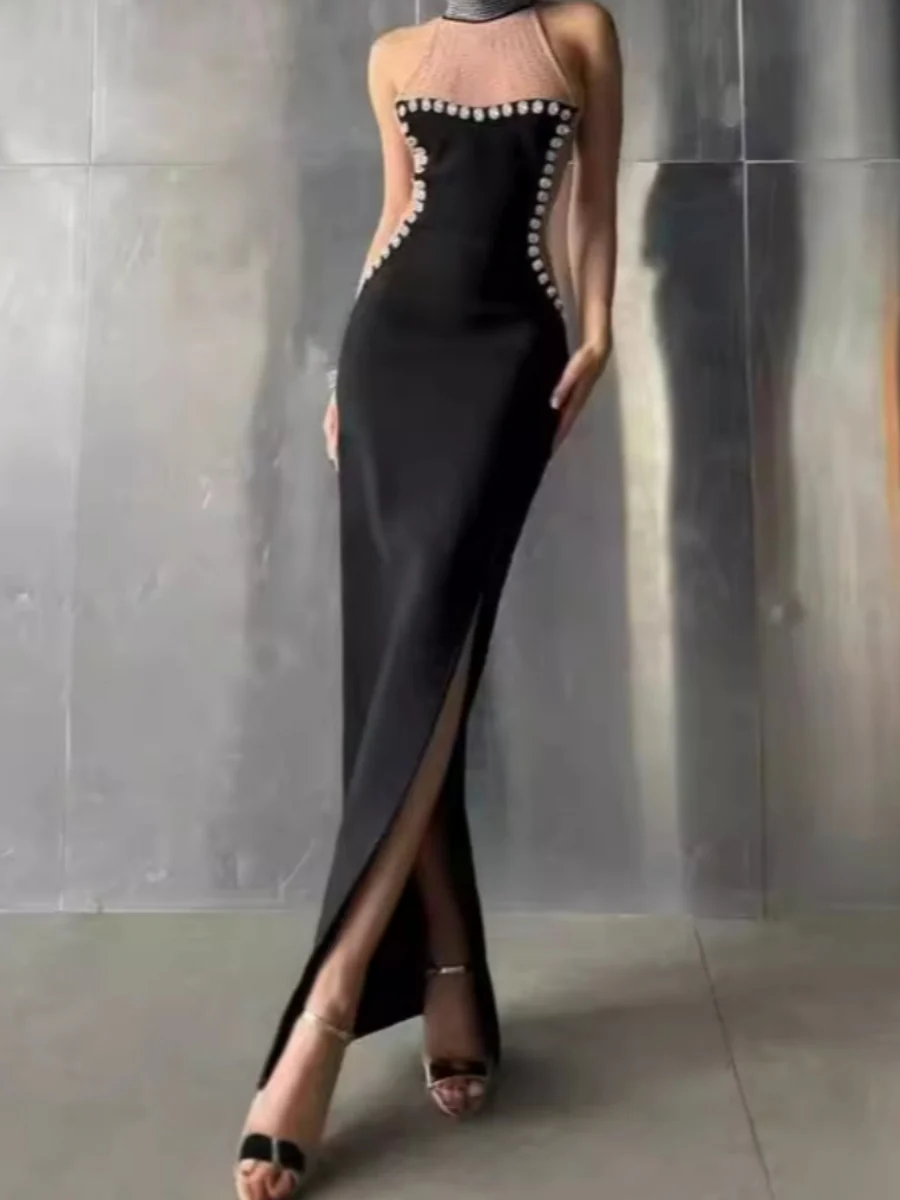 Sheath/Column Halter Evening Dresses Sleeveless Party Dresses Floor-Length Stretch Satin With Split Side - Image 2
