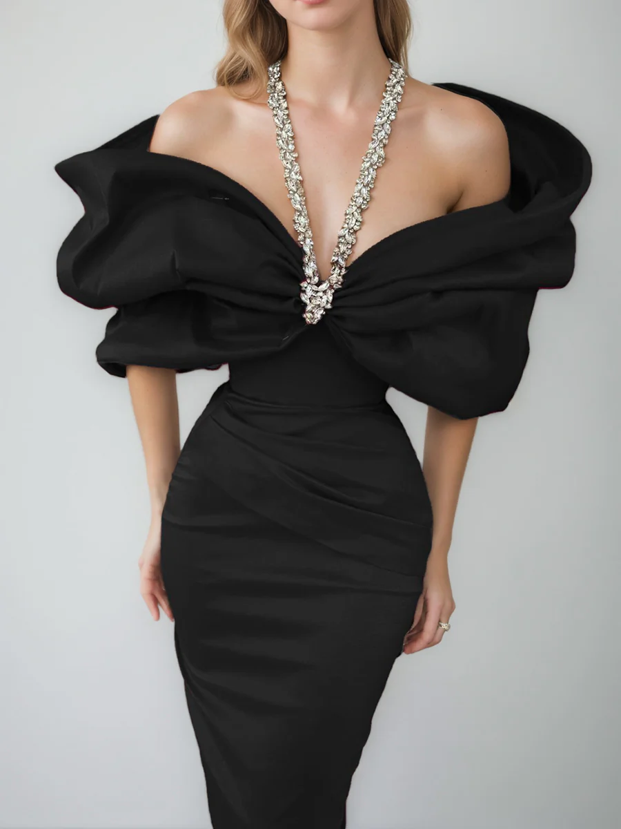 Sheath/Column Halter Sleeveless Ankle-Length Evening Dresses with Rhinestones & Bows - Image 2