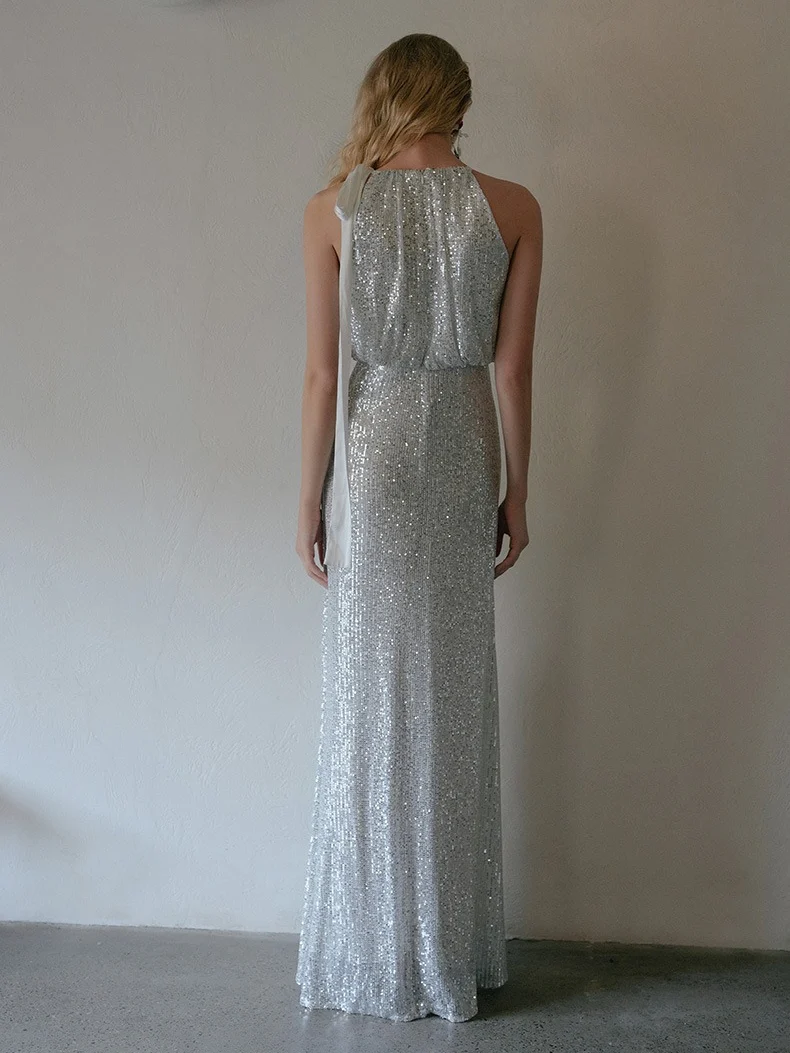 Sheath/Column Halter Sleeveless Floor-Length Evening Dresses with Slit & Sequins - Image 2