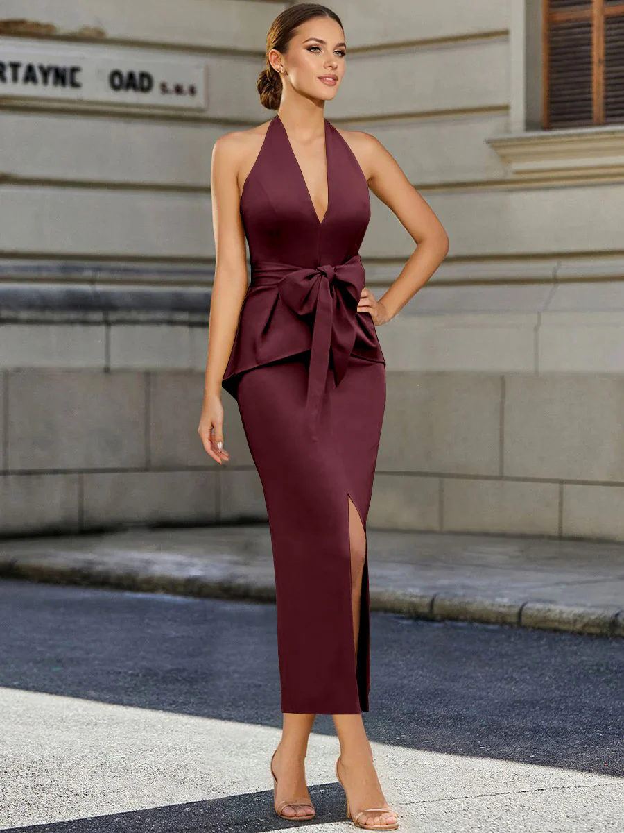 Sheath/Column Halter Sleeveless Tea-Length Cocktail Dresses with Bowknot - Image 34