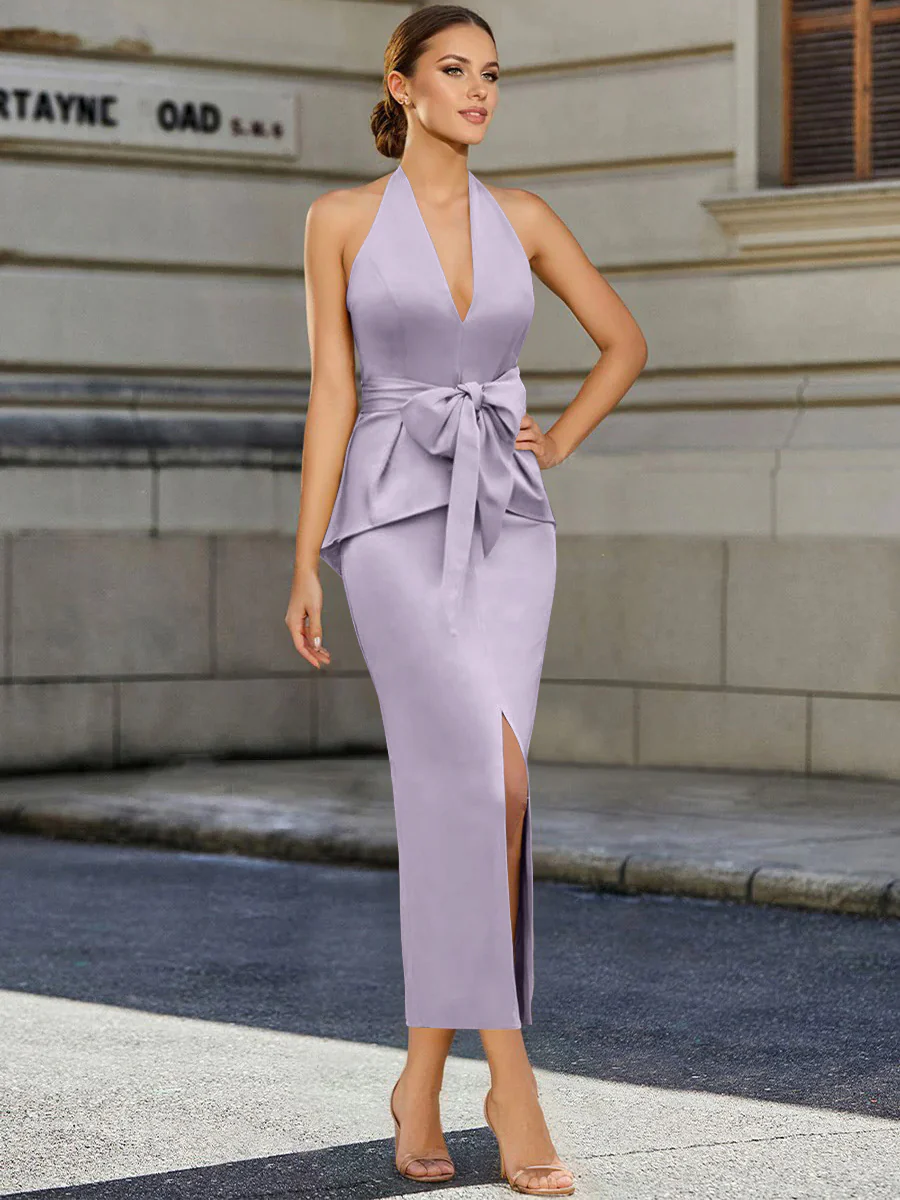 Sheath/Column Halter Sleeveless Tea-Length Cocktail Dresses with Bowknot - Image 45