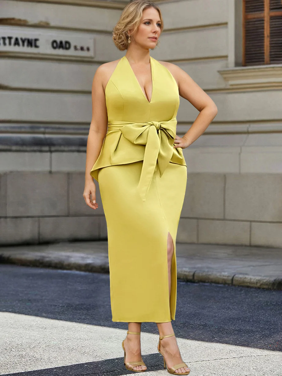 Sheath/Column Halter Sleeveless Tea-Length Cocktail Dresses with Bowknot - Image 3