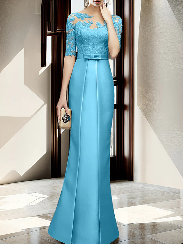 Sheath/Column Illusion Neck Floor-length Mother of the Bride Dresses - Image 59
