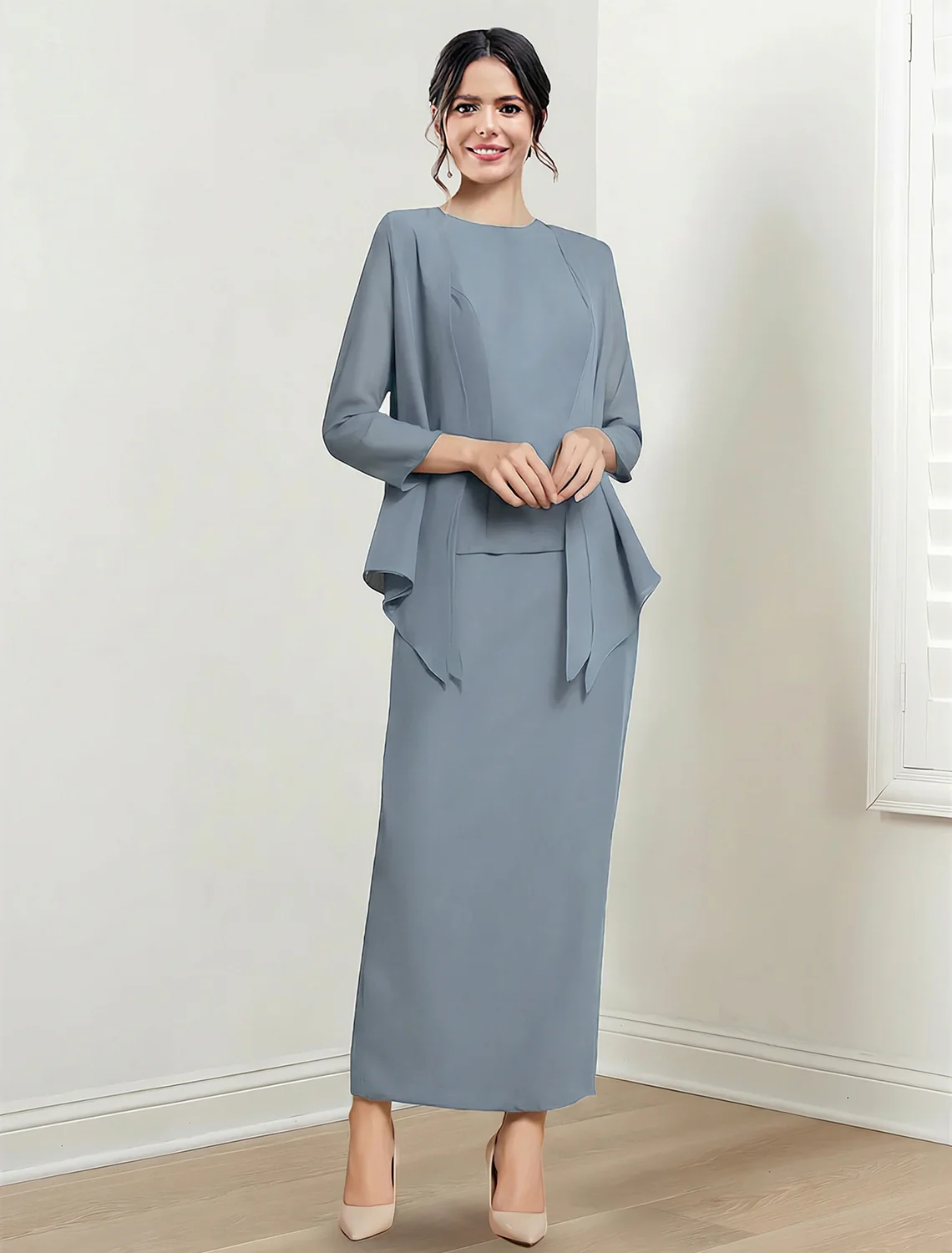 Sheath/Column Jewel Neck Ankle-Length Mother of the Bride Dresses - Image 9