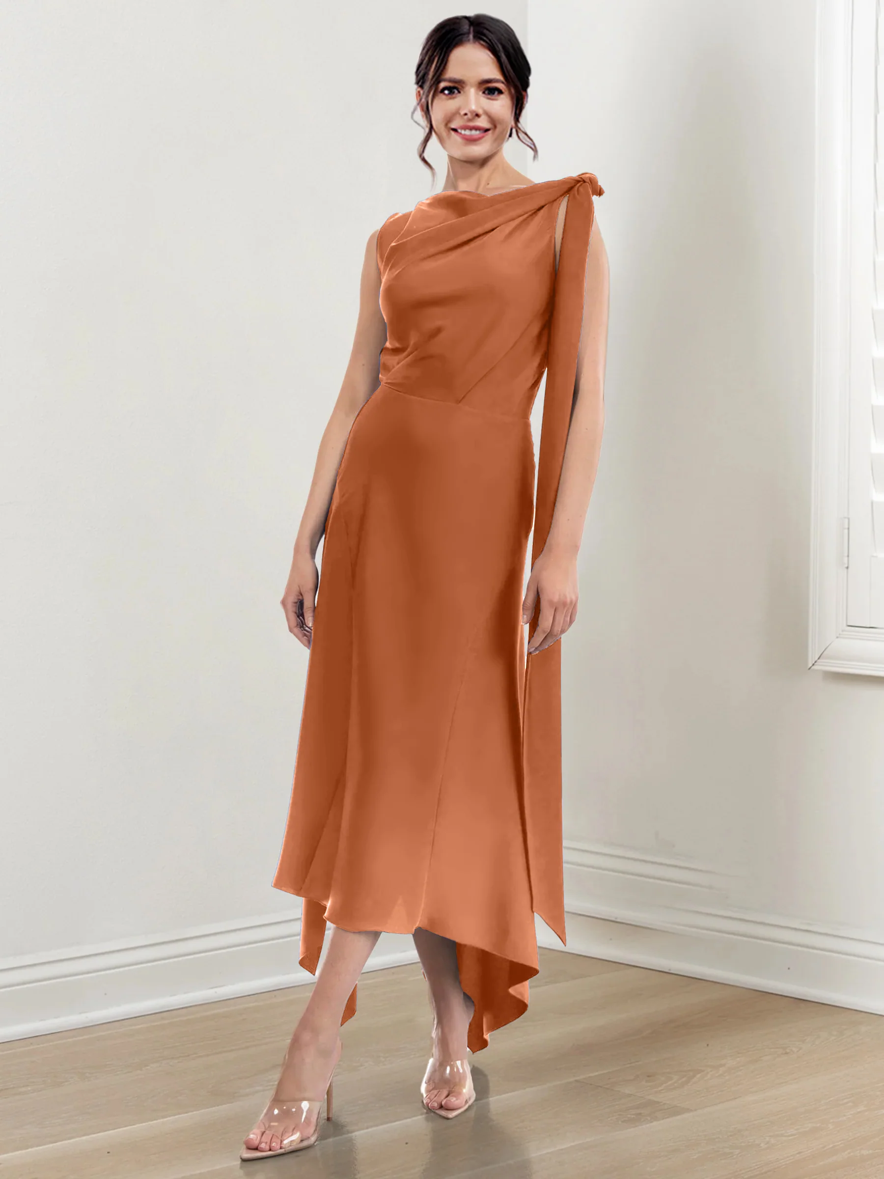 Sheath/Column Jewel Neck Tea-Length Asymmetrical Mother of the Bride Dresses with Ruched - Image 12