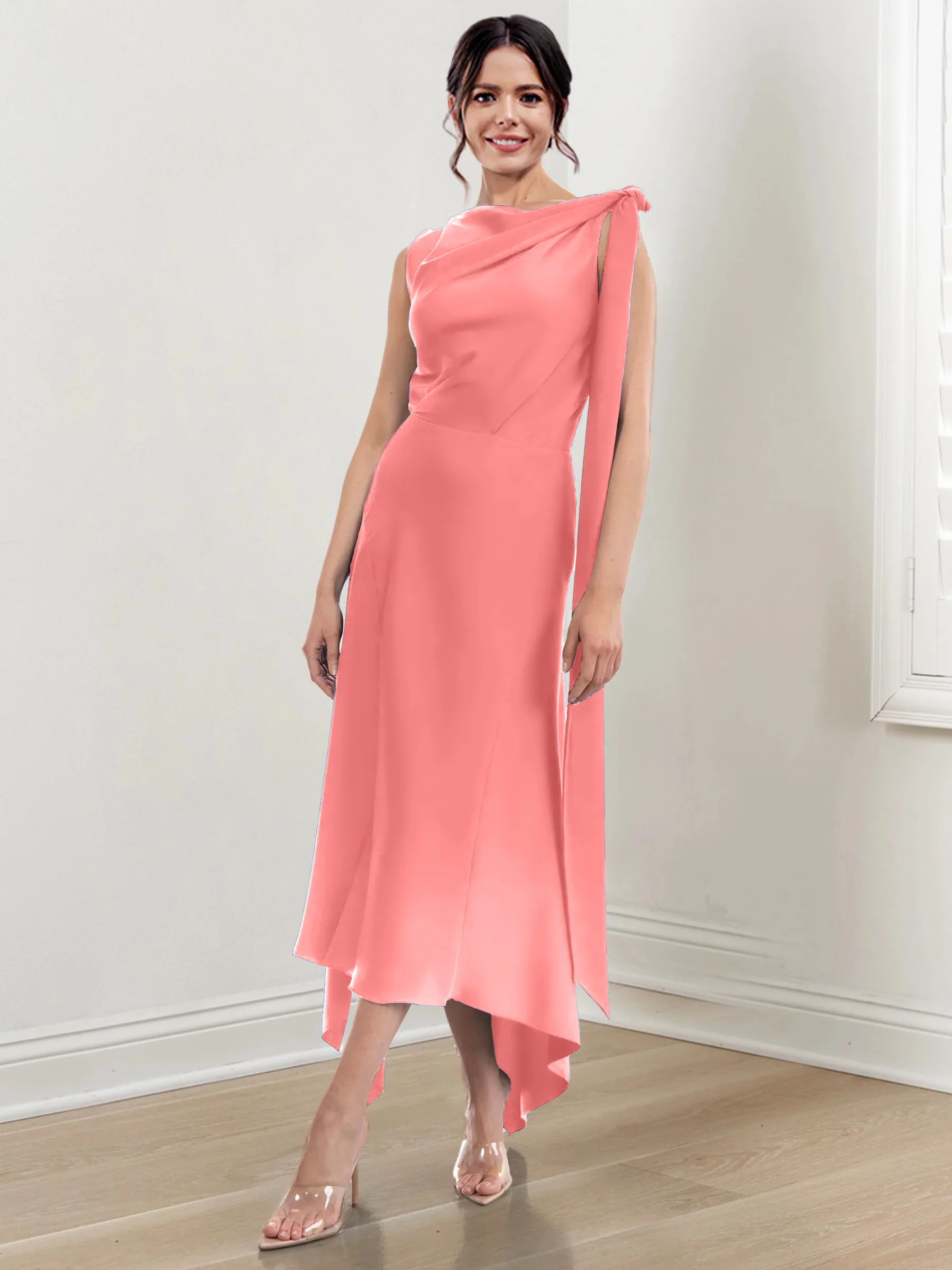 Sheath/Column Jewel Neck Tea-Length Asymmetrical Mother of the Bride Dresses with Ruched - Image 15