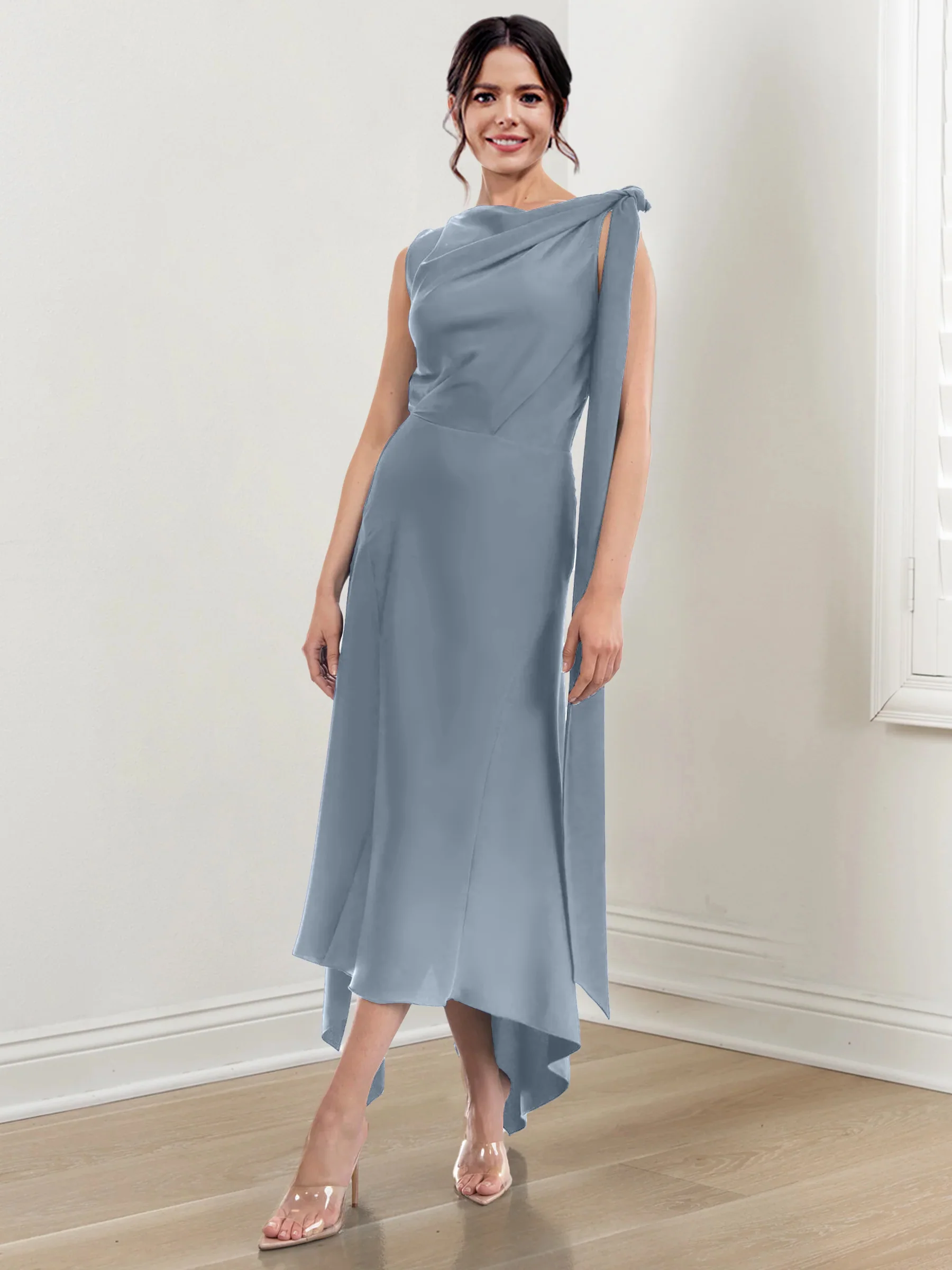 Sheath/Column Jewel Neck Tea-Length Asymmetrical Mother of the Bride Dresses with Ruched - Image 18