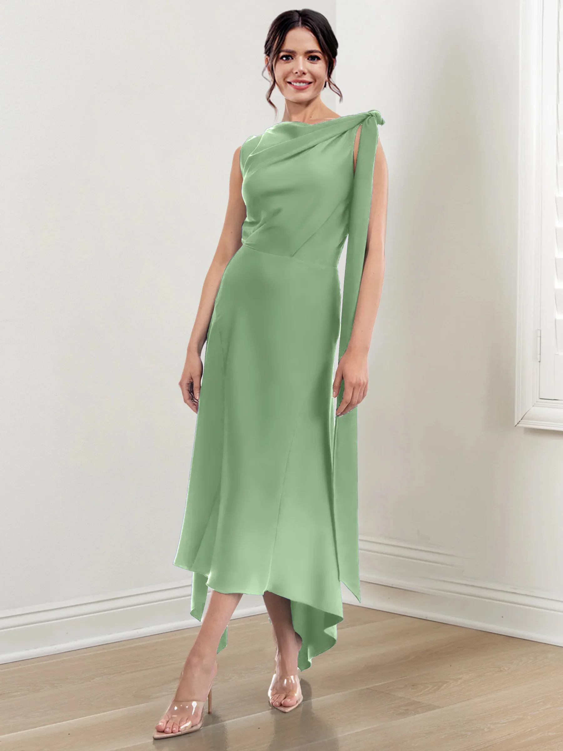 Sheath/Column Jewel Neck Tea-Length Asymmetrical Mother of the Bride Dresses with Ruched - Image 22