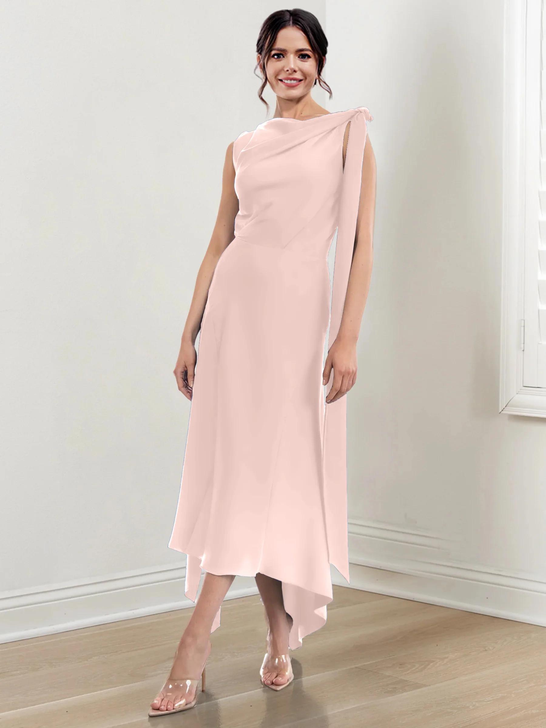 Sheath/Column Jewel Neck Tea-Length Asymmetrical Mother of the Bride Dresses with Ruched - Image 54