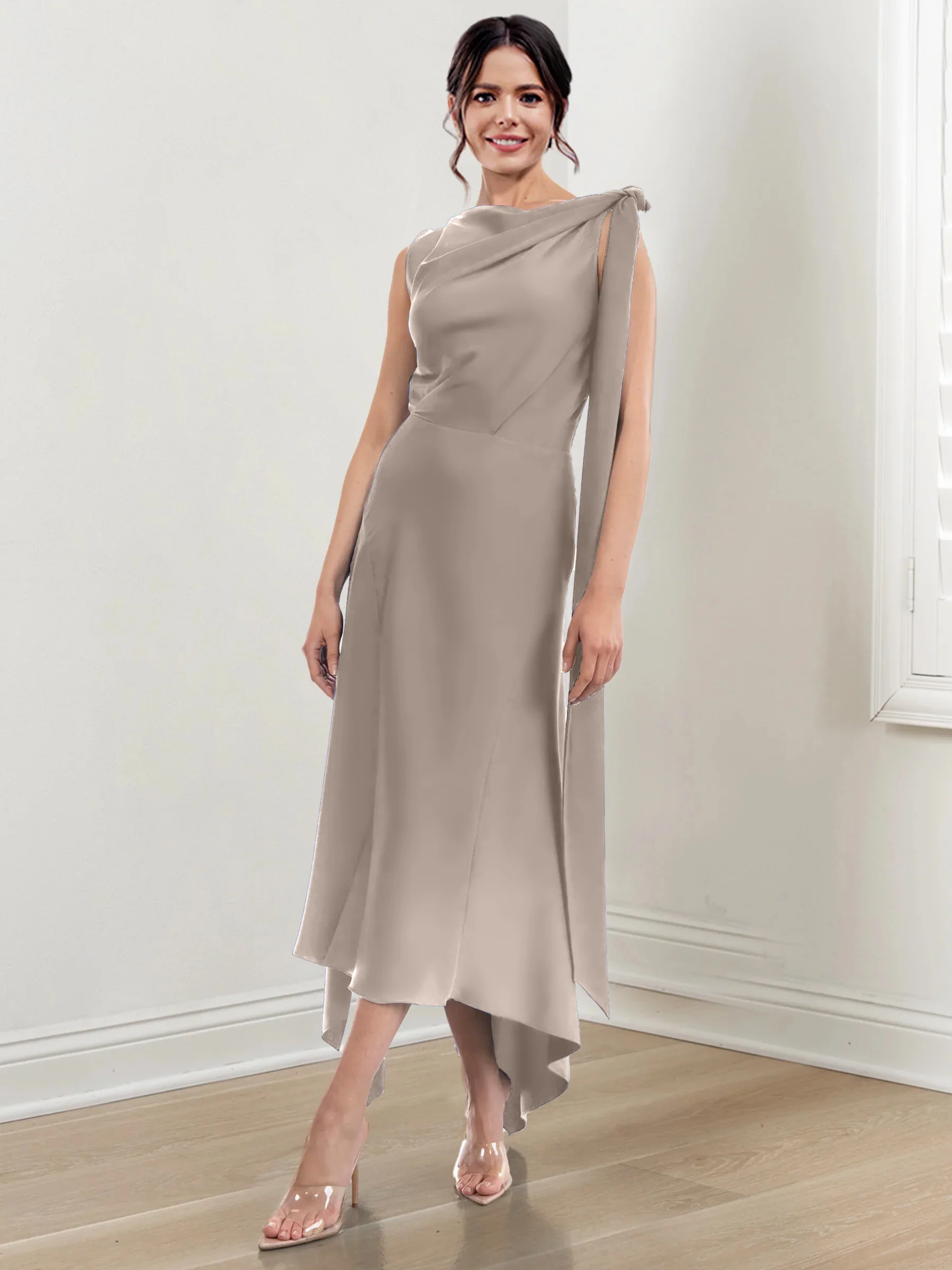 Sheath/Column Jewel Neck Tea-Length Asymmetrical Mother of the Bride Dresses with Ruched - Image 69