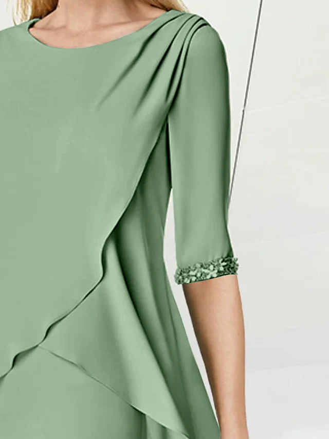 Sheath/Column Jewel Neck Knee-Length Half Sleeve Mother of the Bride Dresses with Beading Ruching - Image 2