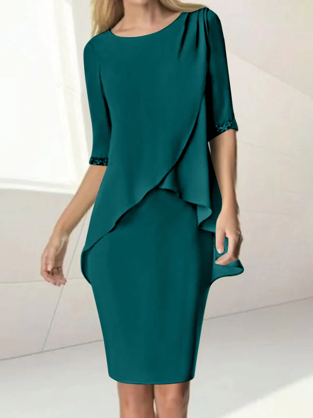 Sheath/Column Jewel Neck Knee-Length Half Sleeve Mother of the Bride Dresses with Beading Ruching - Image 32