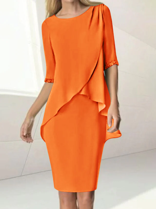 Sheath/Column Jewel Neck Knee-Length Half Sleeve Mother of the Bride Dresses with Beading Ruching - Image 38