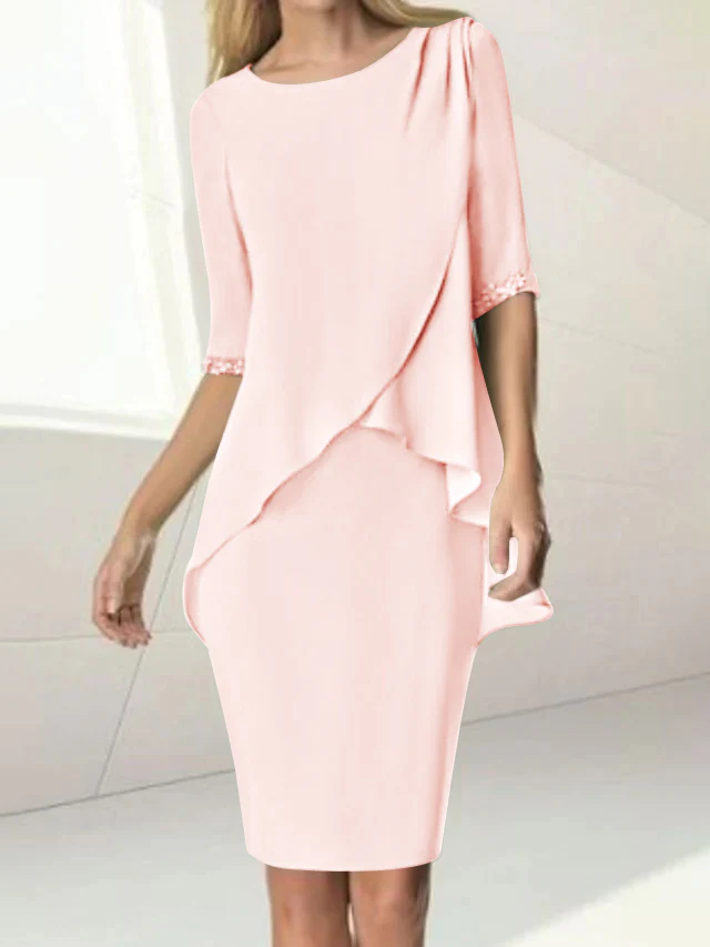 Sheath/Column Jewel Neck Knee-Length Half Sleeve Mother of the Bride Dresses with Beading Ruching - Image 41