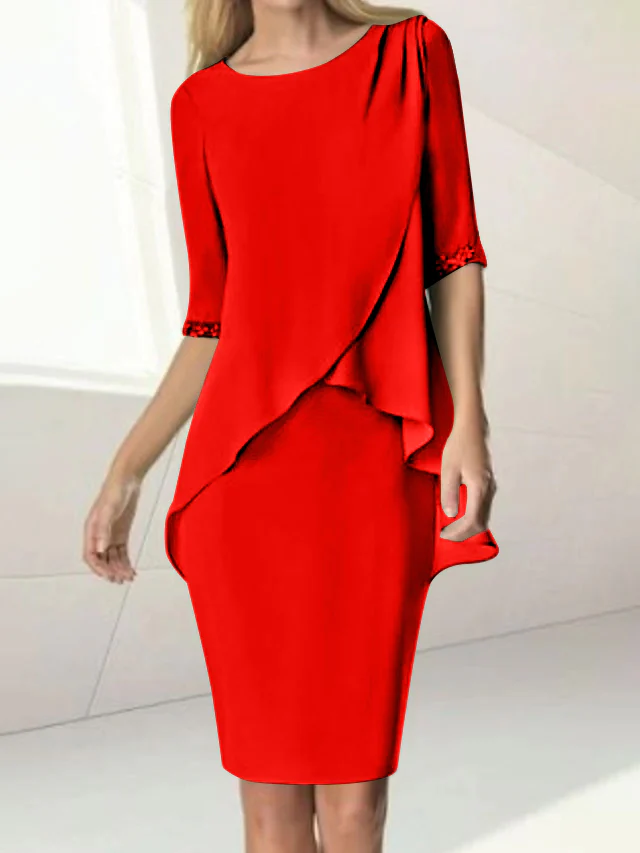 Sheath/Column Jewel Neck Knee-Length Half Sleeve Mother of the Bride Dresses with Beading Ruching - Image 43