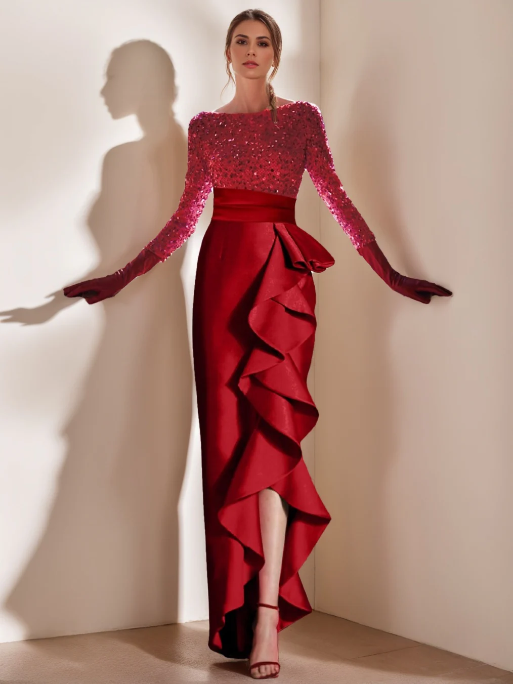 Sheath/Column Jewel Neck Prom Dresses Long Sleeves Asymmetrical Evening with Split Slit Ruffles