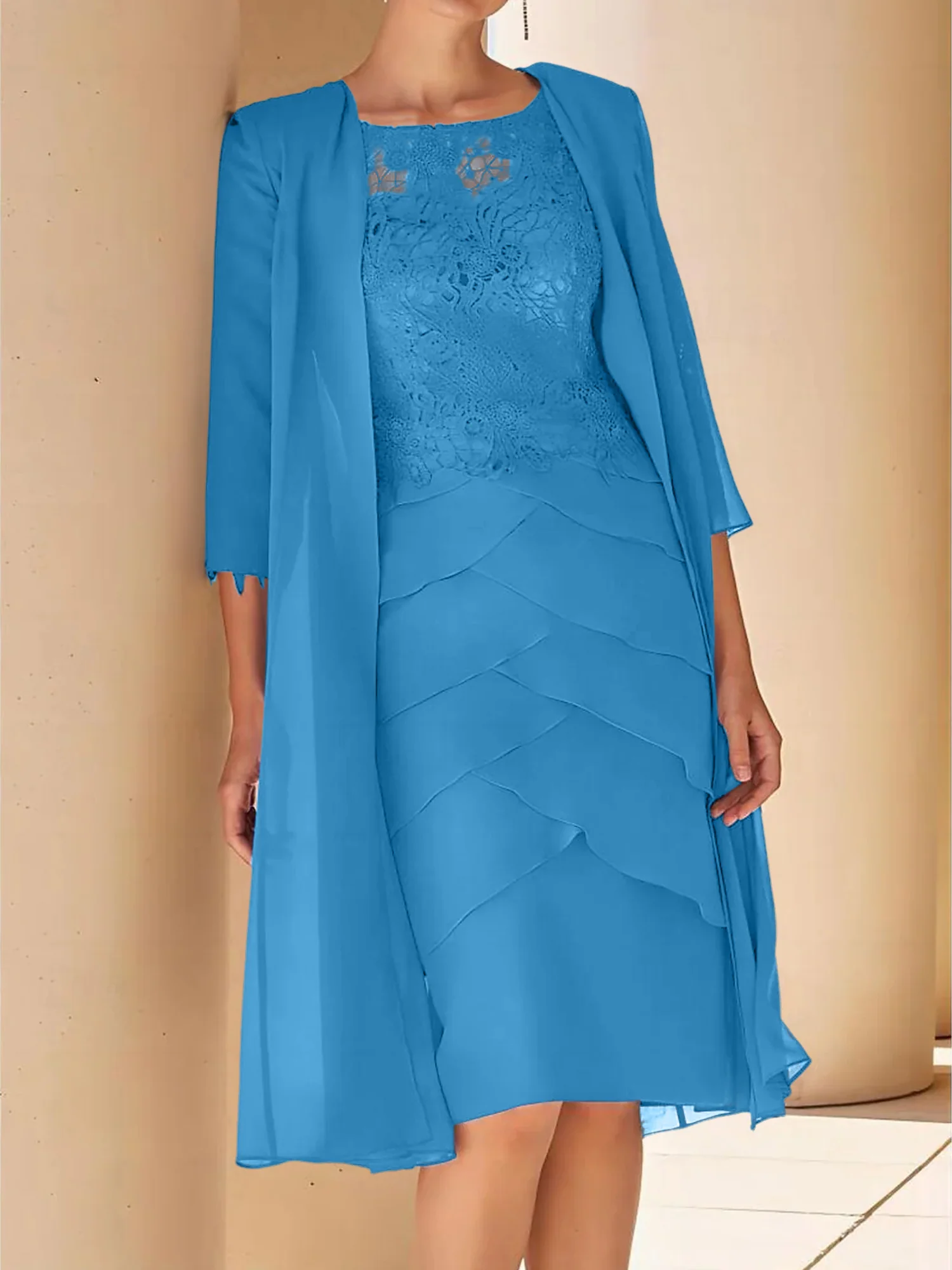 Sheath/Column Jewel Neck Short Sleeves Knee-Length Mother of the Bride Dresses with Lace - Image 45