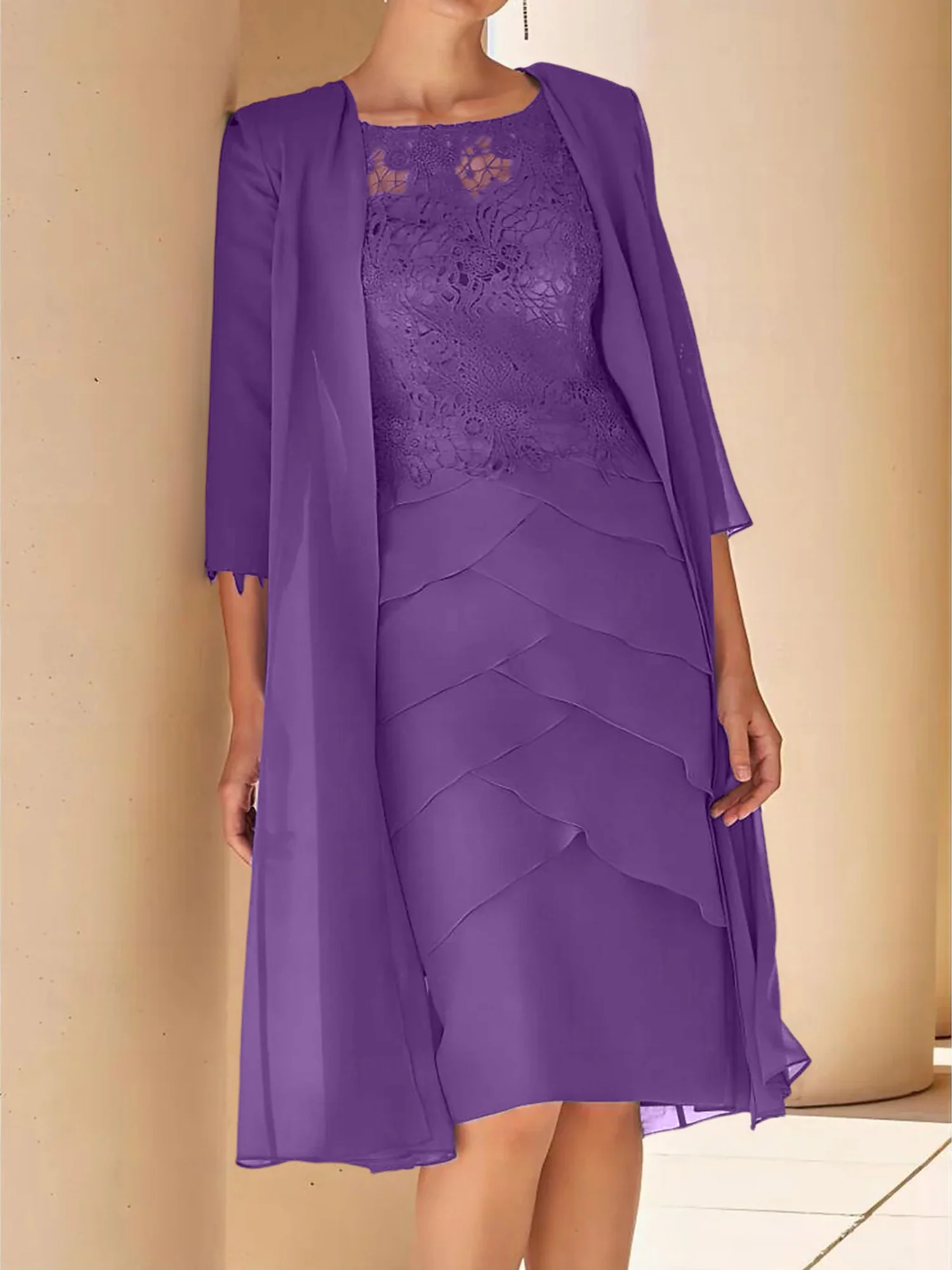 Sheath/Column Jewel Neck Short Sleeves Knee-Length Mother of the Bride Dresses with Lace - Image 55