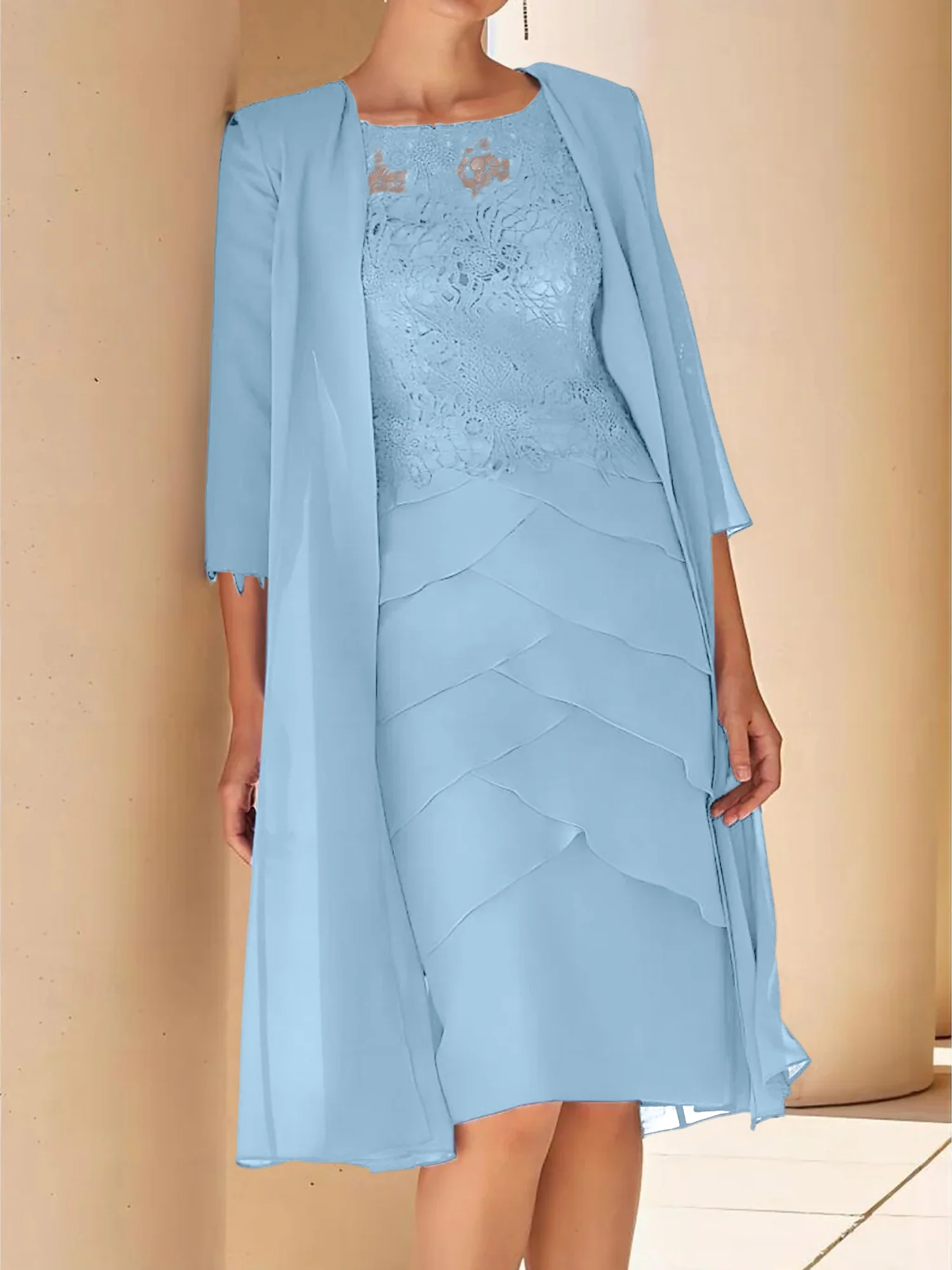 Sheath/Column Jewel Neck Short Sleeves Knee-Length Mother of the Bride Dresses with Lace - Image 63