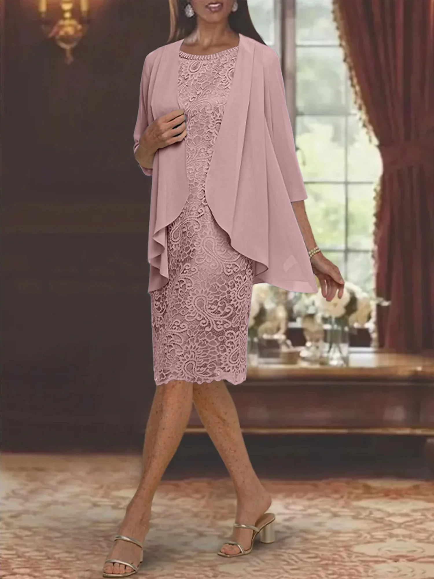 Sheath/Column Jewel Neck Tea-Length Mother of the Bride Dresses - Image 5