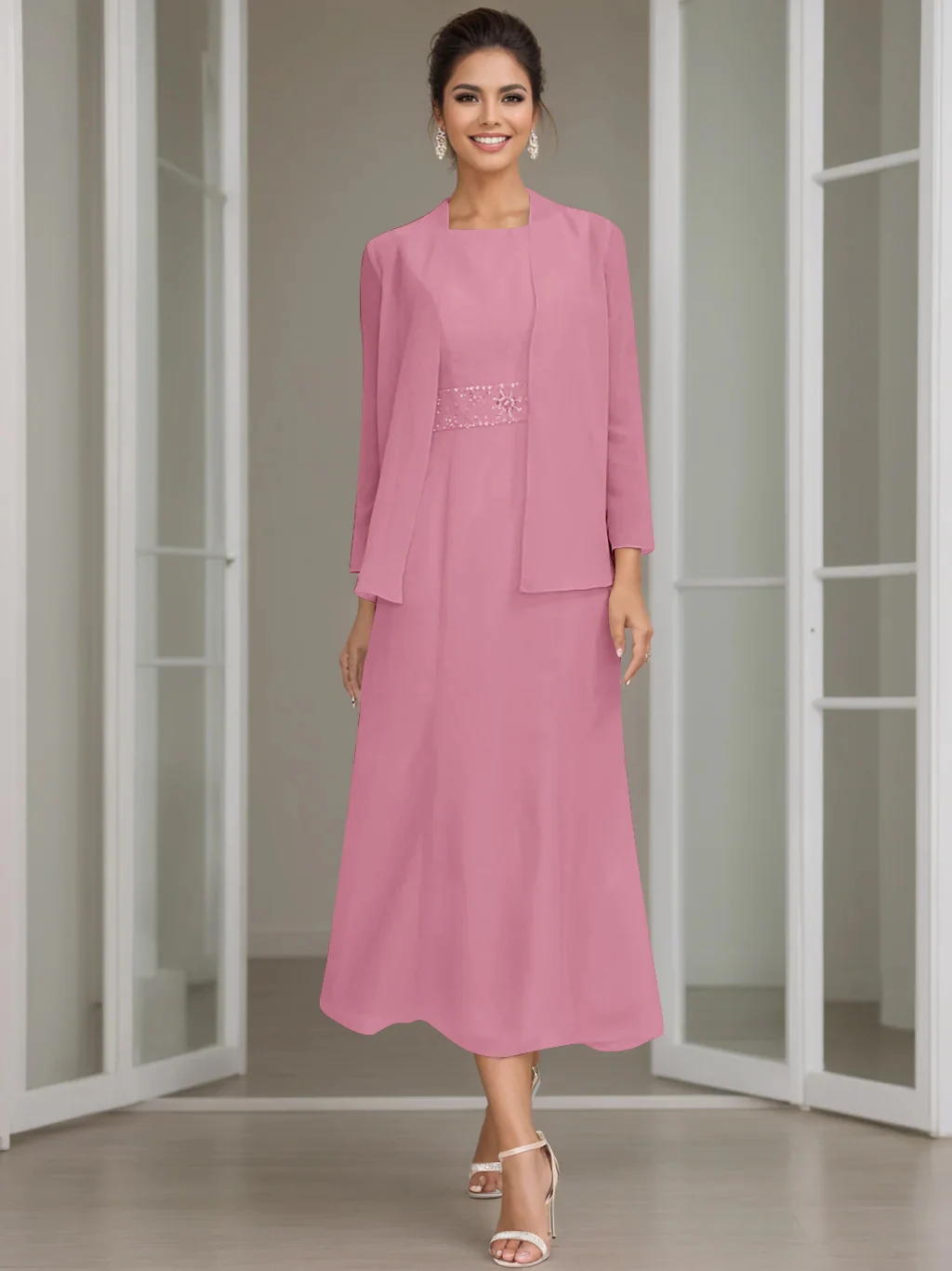 Sheath/Column Jewel Neck Tea Length Mother of the Bride Dresses with Jacket & Beading - Image 10