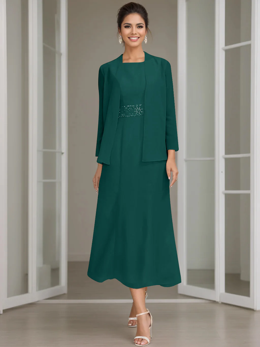 Sheath/Column Jewel Neck Tea Length Mother of the Bride Dresses with Jacket & Beading - Image 21