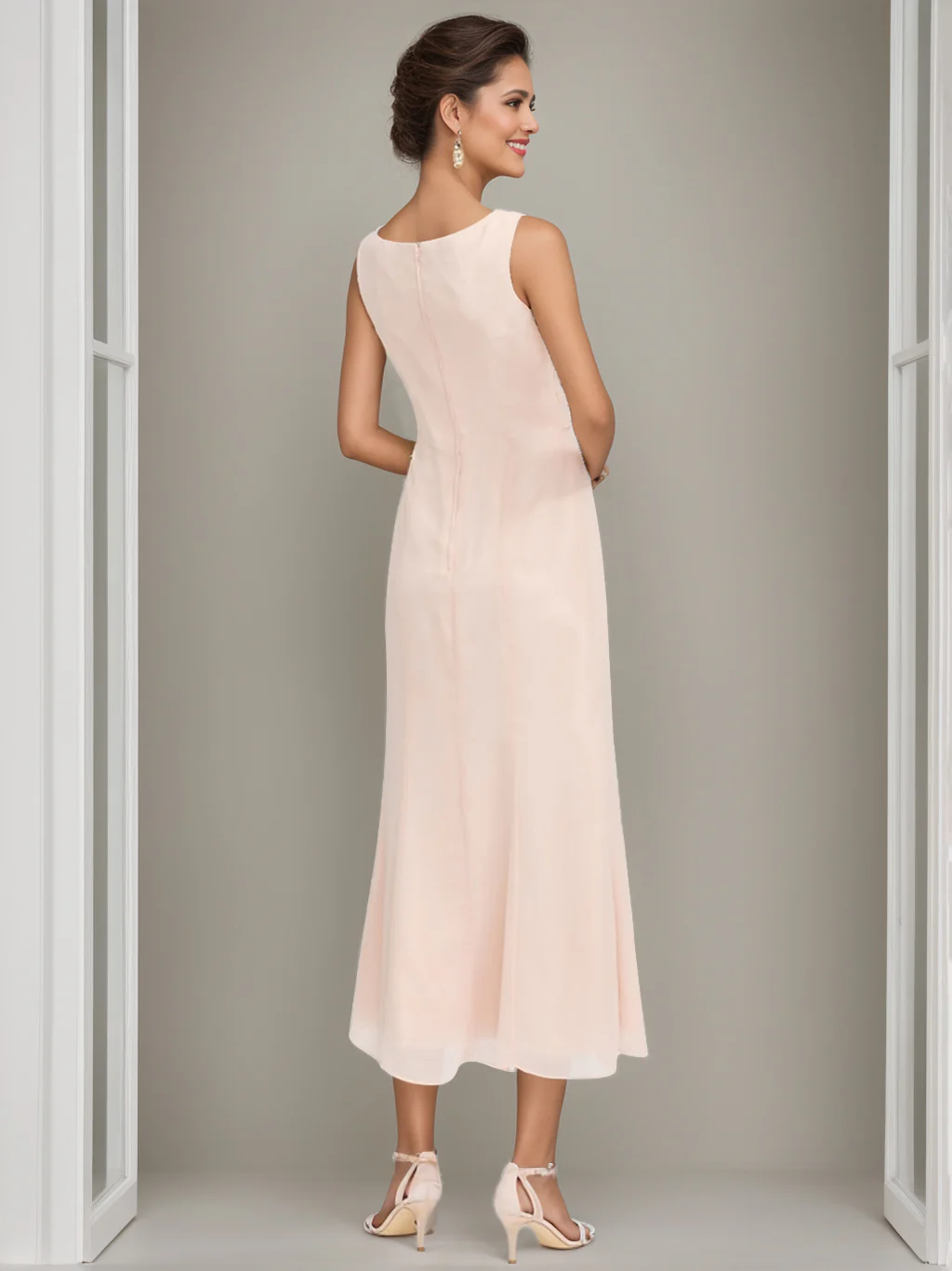 Sheath/Column Jewel Neck Tea Length Mother of the Bride Dresses with Jacket & Beading - Image 3
