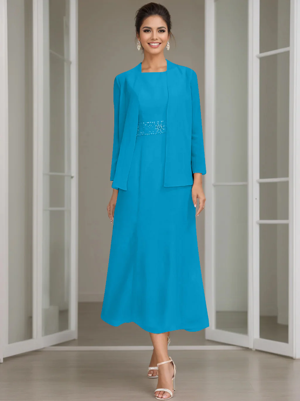 Sheath/Column Jewel Neck Tea Length Mother of the Bride Dresses with Jacket & Beading - Image 35