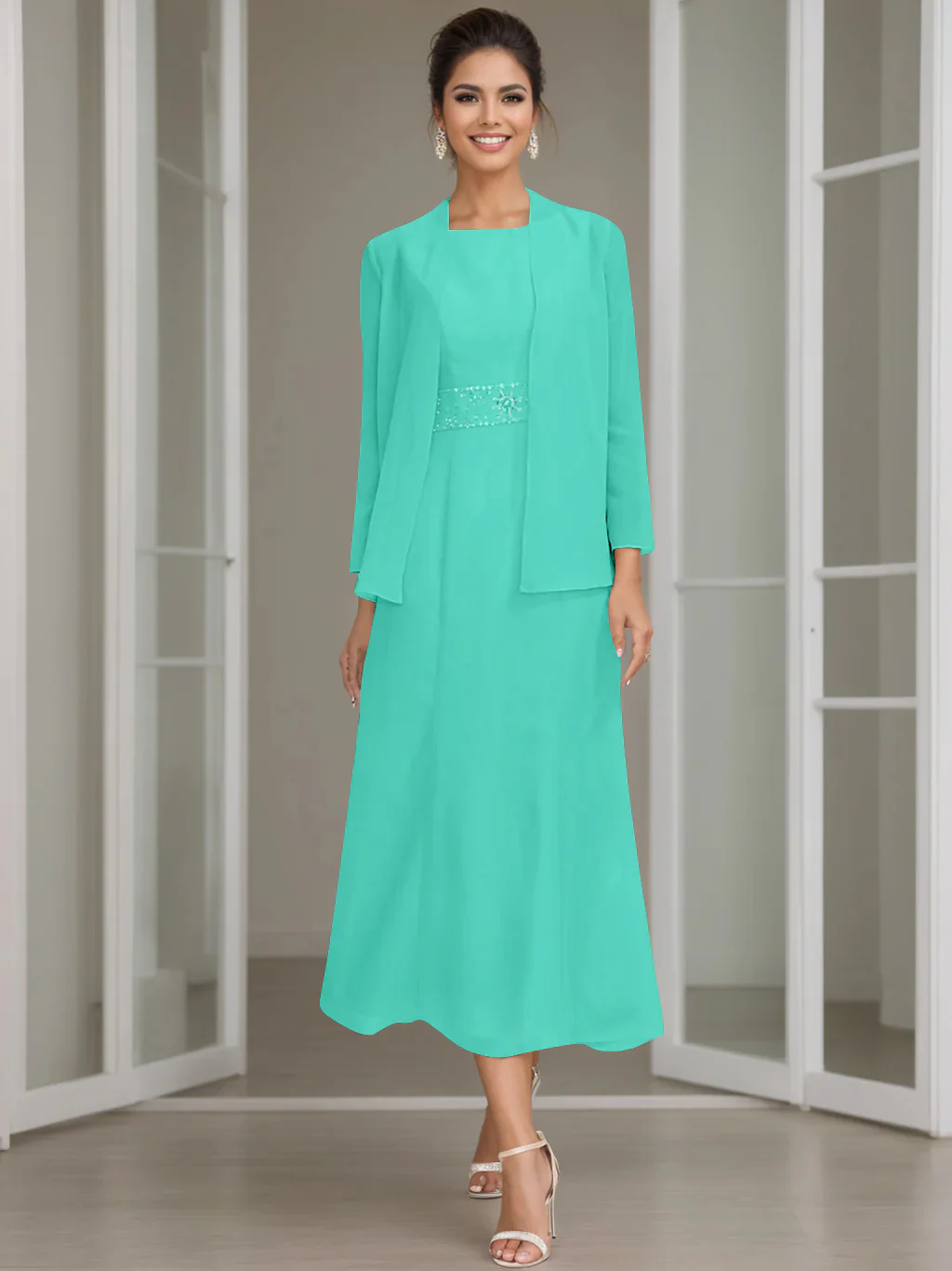 Sheath/Column Jewel Neck Tea Length Mother of the Bride Dresses with Jacket & Beading - Image 48
