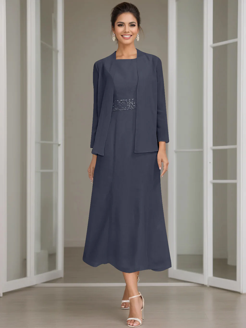 Sheath/Column Jewel Neck Tea Length Mother of the Bride Dresses with Jacket & Beading - Image 49