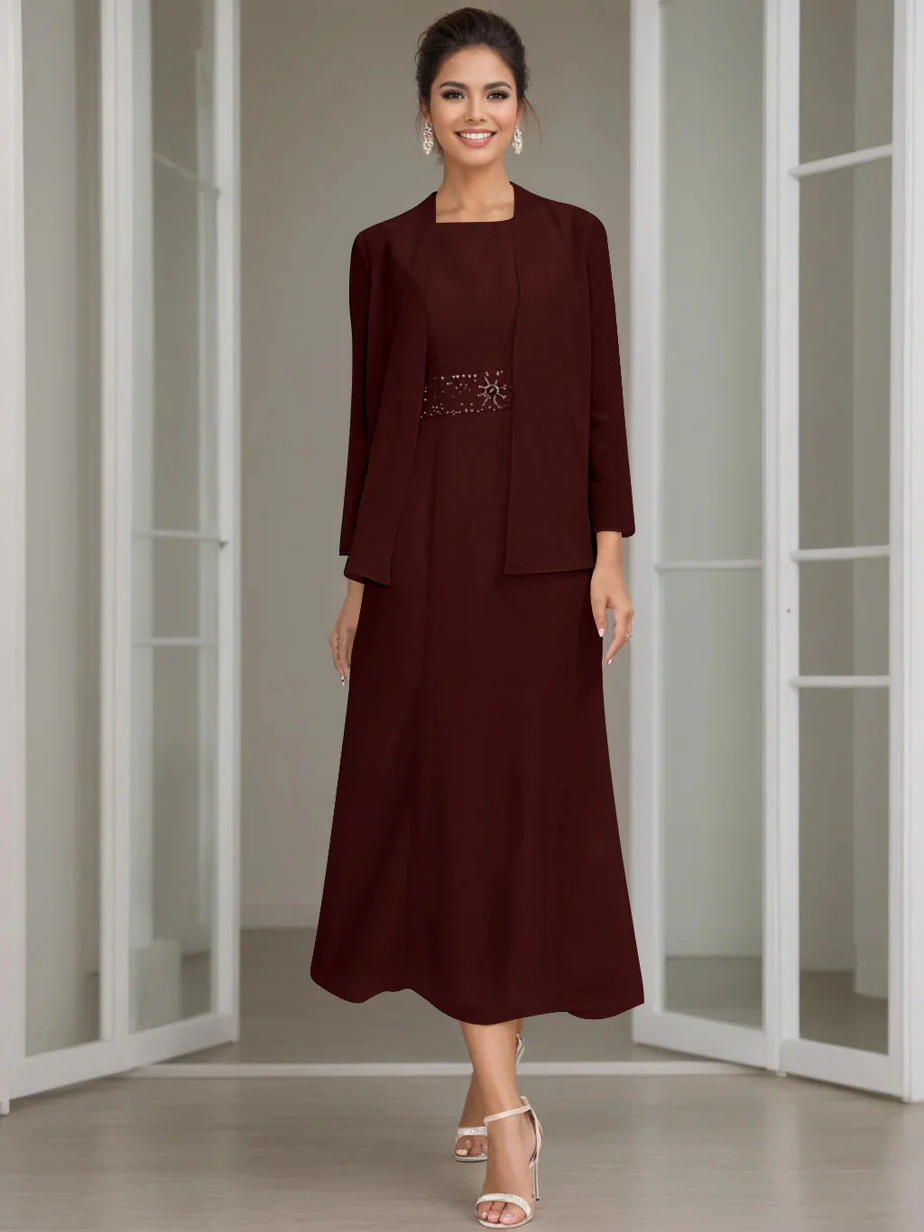 Sheath/Column Jewel Neck Tea Length Mother of the Bride Dresses with Jacket & Beading - Image 9